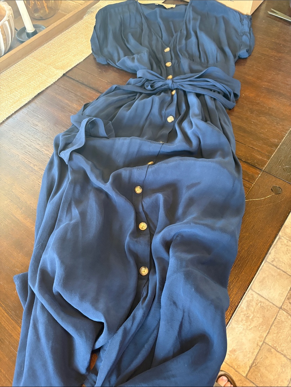 LOFT Navy Button-Front Maxi Dress with Tie Waist